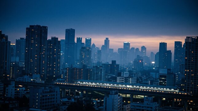 Elevated Train Across a Blue Hour Skyline