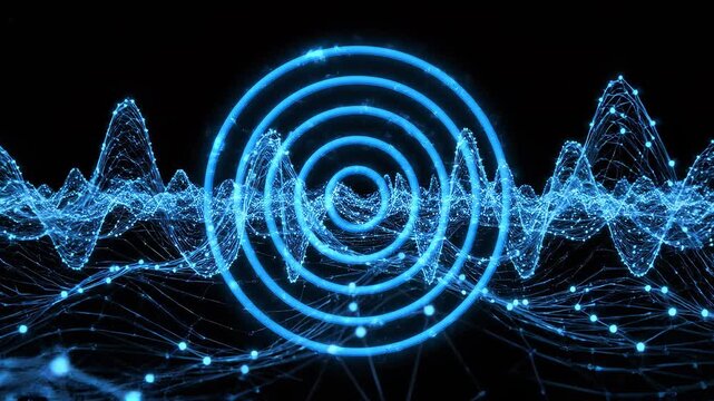 Abstract blue sound waves with pulsing circles against a black background symbolizing data flow and digital communication