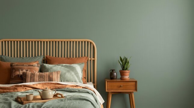 Eucalyptus wall template with copy space in a creative bedroom interior composition including a boho style bed, night table, and home decorations.