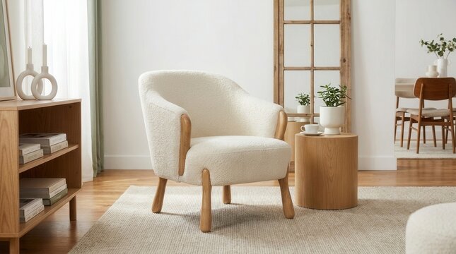 Stylish composition of a modern living room interior including a frotte armchair, side table, and wooden commode with dining room background.