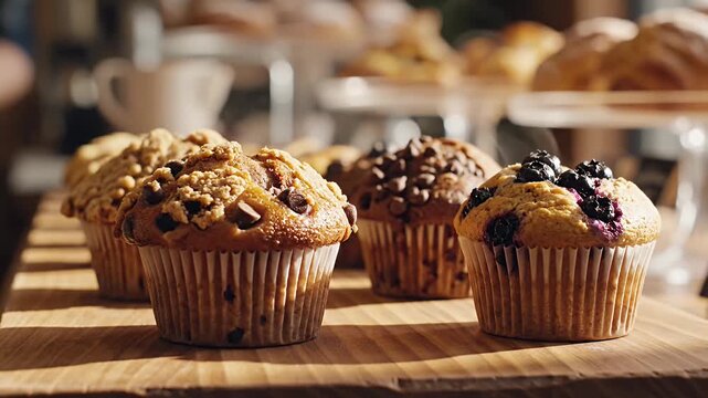 Assorted fresh muffins on wooden board in sunlit bakery