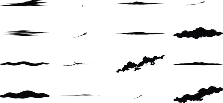 Set of thin black cloud and wind streak silhouettes isolated on a white background, for weather and, sky and