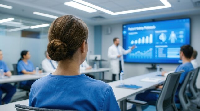 Ongoing education in healthcare: faceless medical staff in scrubs during a health safety training session in a hospital conference room.