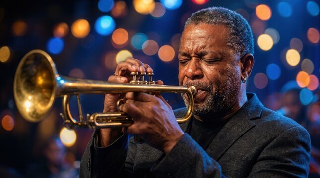 Emotional artistic expression of a trumpeter at a musical festival performance.