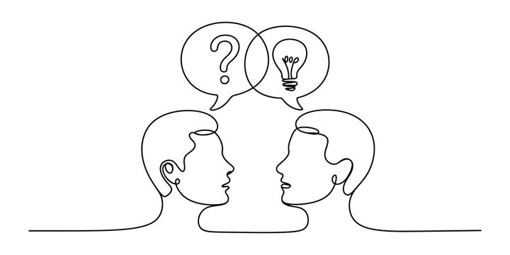 Continuous line drawing of two people talking with question and lightbulb ideas