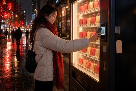Singles Day shopping excitement as young woman uses smartphone at night vending machine