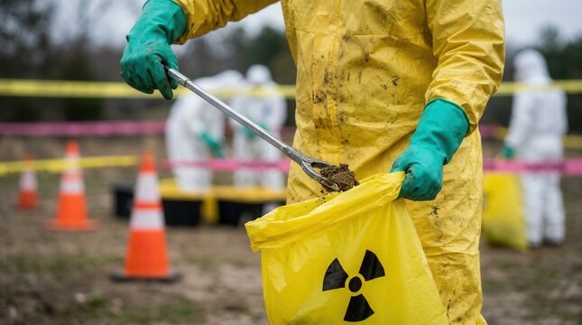 Ecological disaster management and decontamination process featuring worker in protective suit.