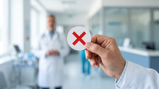 Red X sign indicating a wrong diagnosis or rejection held by a professional doctor