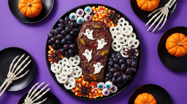 Spooky halloween charcuterie board with ghost shaped cheese and colorful treats