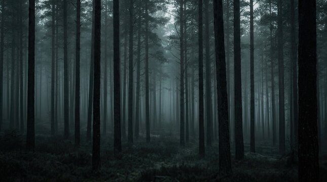 Mysterious dark forest with tall trees and a single beam of light shining through