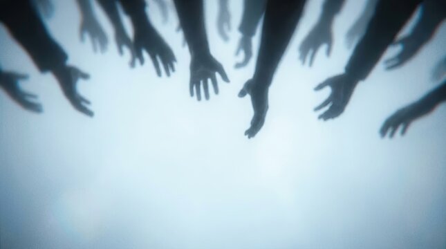 Many arms reaching down from darkness toward a bright hazy background