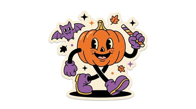 Vintage halloween pumpkin character illustration with festive autumn decorations