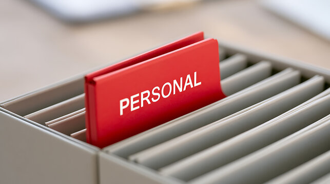 Red personal document folder file in a box drawer with tab label on office desk for record management data archive storage system concept