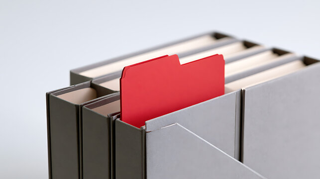 A red file folder stands out among gray office document binders on a clean surface, representing corporate organization and unique focus