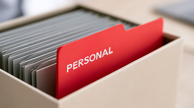 A close up view of a red hanging file folder with personal text label in an open cardboard storage box on a desk in a modern office setup