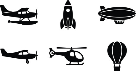 Air transport and aviation vehicles black silhouette icon set featuring airplane helicopter rocket and blimp © MSTMORZINA
