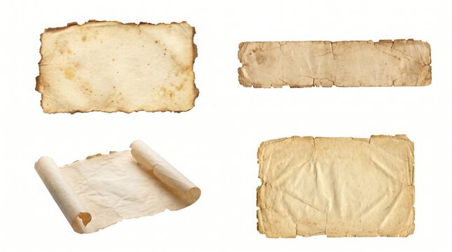 Collection of aged vintage paper including a rolled scroll, rectangular sheets, and torn scraps with brown stains isolated on white background