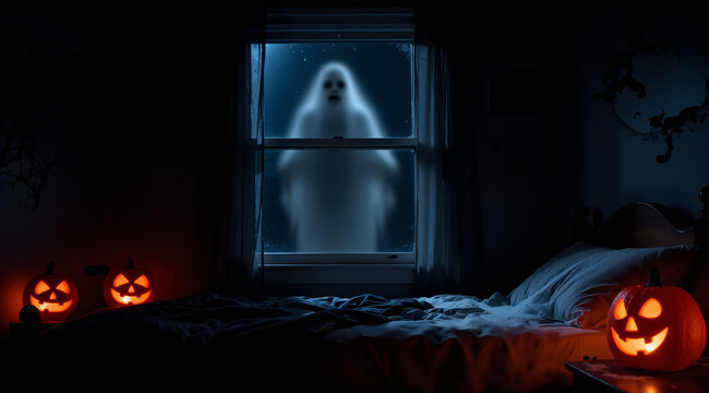 Blurred ghost silhouette in bedroom window at night horror scene on Halloween
