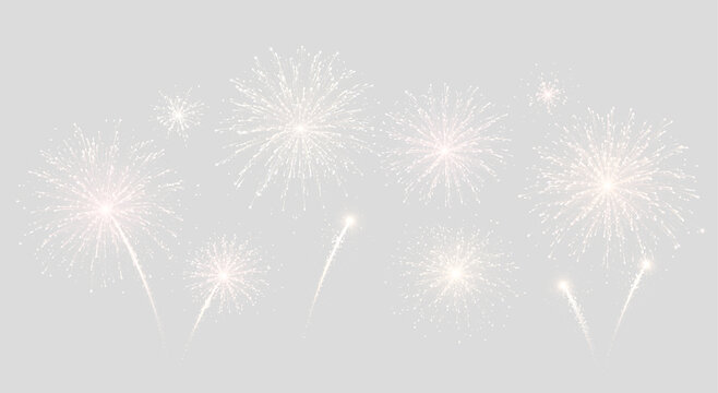 Festive fireworks explosion light effect. Sparkling fireworks isolated on transparent PNG. Realistic explosions with brightly shining sparks.