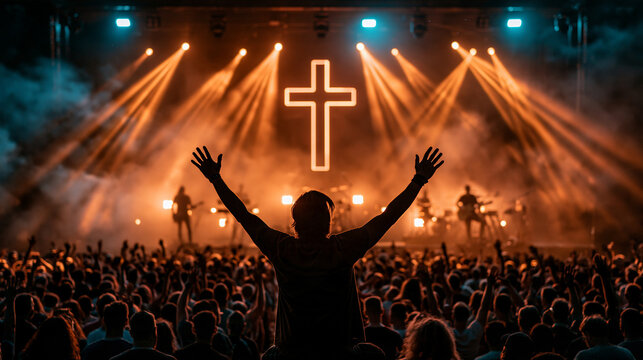 A Night of Worship: A vast congregation gathered under the warm, orange glow of stage lights, raising their hands in worship towards a prominent cross symbol.