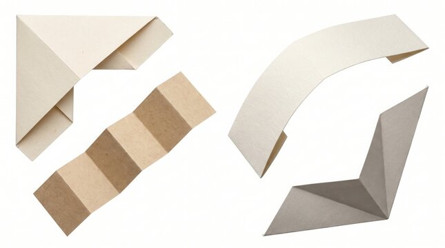 Collection of four folded paper shapes including an accordion fold and geometric structures made of beige and brown paper on a white background