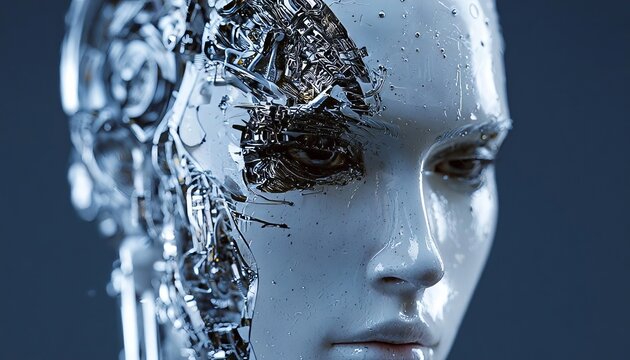 Close up cinematic shot of a female android face with advanced biotechnology and skeletal interface.