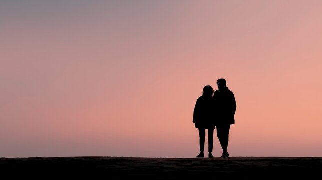 Quiet Connection in Silhouette &mdash; two people stand close against a glowing horizon, using simple forms and subtle body language to express trust, emotion, and silent connection.