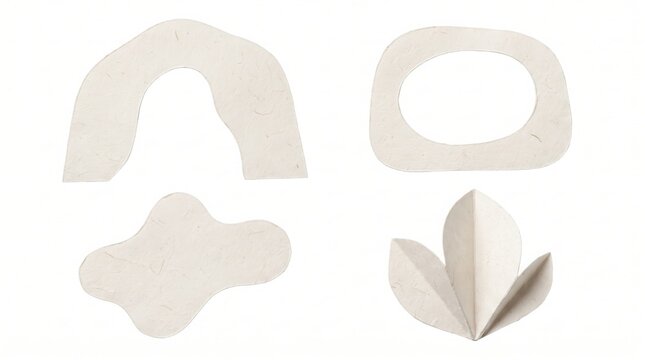 Four unique abstract shapes cut from textured off-white handmade paper isolated on a white background, for artistic collage, and craft projects