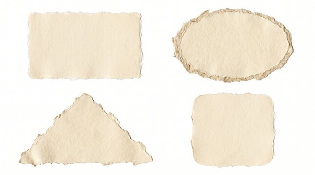 Four geometric shapes with torn deckled edges cut from textured off-white handmade paper isolated on a white background, for scrapbooking needs