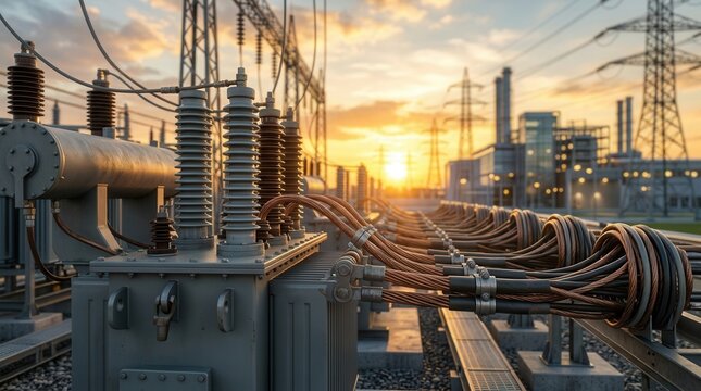 A modern industrial complex with a sleek contemporary factory building and an outdoor electrical substation with grey transformers and coiled cabling