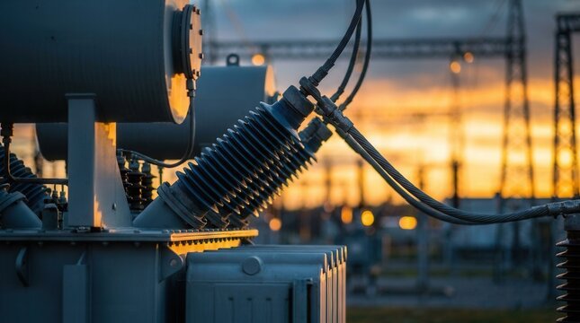Grid connection and electricity distribution system with power lines and transformers in a substation facility