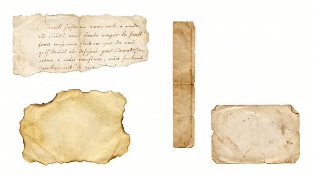Four pieces of aged vintage paper with handwritten cursive text and torn edges isolated on a white background, for historical projects