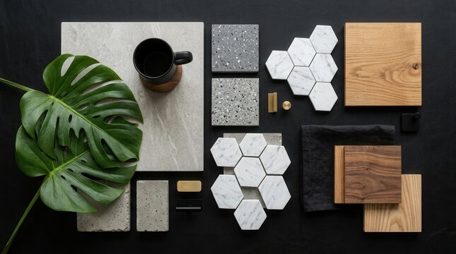 Top view template of a creative black architect moodboard with textile samples, building materials, and natural accessory elements.