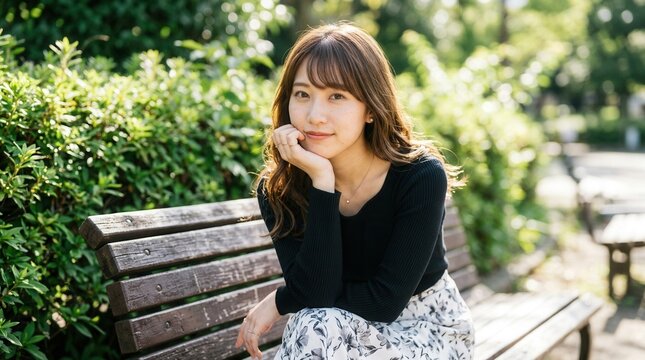 Portrait of a woman in a black top with her hand on her cheek at a park bench
