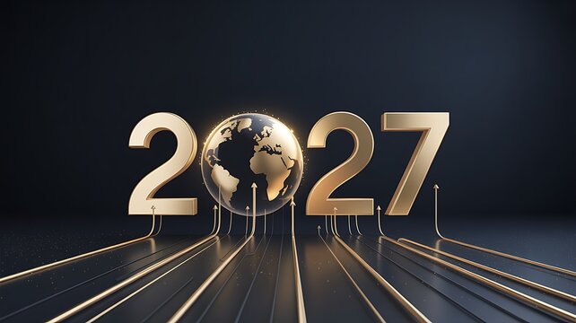 Golden 2027 new year celebration with a shining globe and road perspective