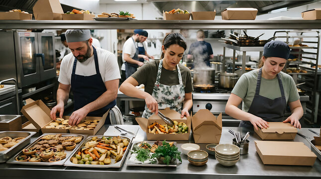 Professional culinary team preparing and meticulously packaging fresh, healthy meals for efficient restaurant takeout and delivery service