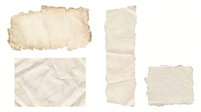 Four pieces of aged vintage paper with torn edges and heavy creasing isolated on a white background, for historical and, craft projects