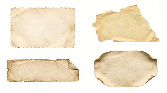 Vintage aged paper scraps with burnt edges and curled corners, isolated on a white background, for historical, antique, or rustic style projects