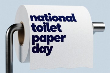 Naklejka premium Roll of white toilet paper printed with text national toilet paper day displayed on chrome holder. Clean bathroom essential for personal hygiene needs.