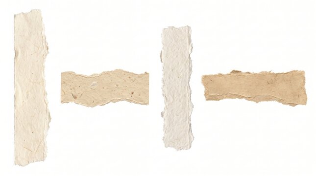 Assorted vertical and horizontal strips of beige and off-white handmade paper with rough torn edges, isolated on a white background surface