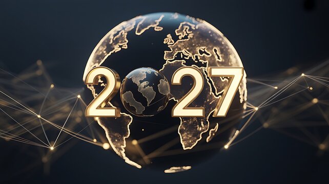 New year 2027 celebration with a glowing earth globe and dark background