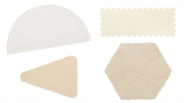 Geometric shapes cut from beige and white handmade paper with rough torn edges, isolated on a white background, for artistic collage work