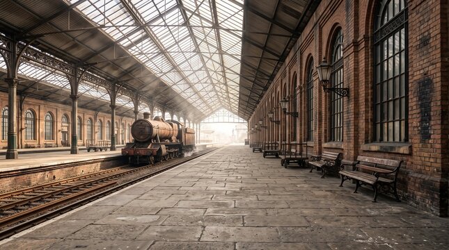 Vintage steam locomotive sitting at old brick railway station platform during bright sunny morning light rays