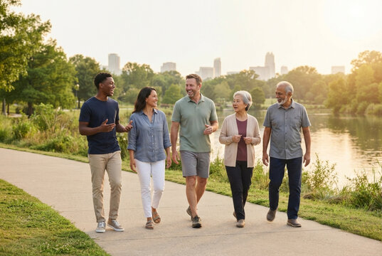 Grupo multigeneracional caminando juntos por un parque