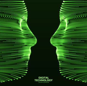 Face to face. Digital head. Dialogue, contact, and communication. A facial mask formed by green lines resembling data streams within a digital mind. AI concept. Modeling or scanning process. Vector.