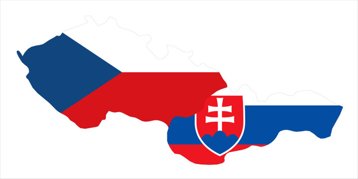 Flag map outline shape of Former Czechoslovakia - Czechia and Slovakia. Flags of countries fill the shapes with their colors. Symbol of regional cooperation, identity and partnership