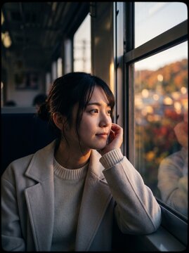 Woman Watching Autumn Dusk From a Train Window