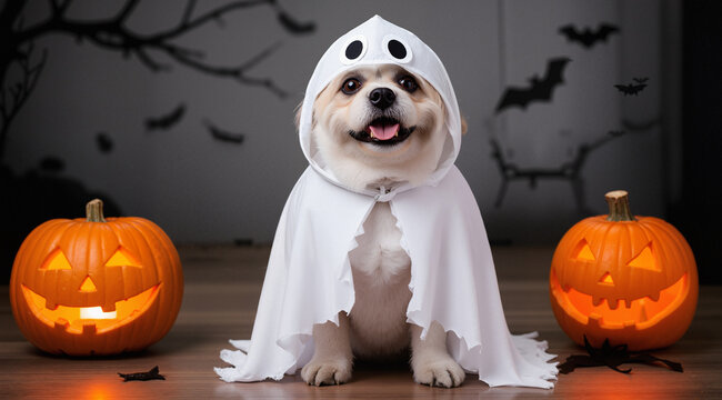 funny dog in ghost costume posing for Halloween
