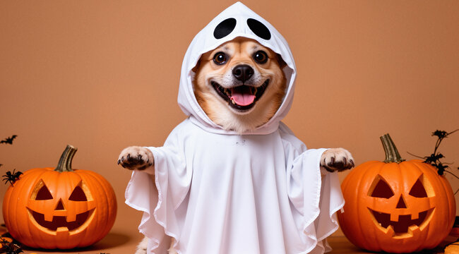 funny dog in ghost costume posing for Halloween
