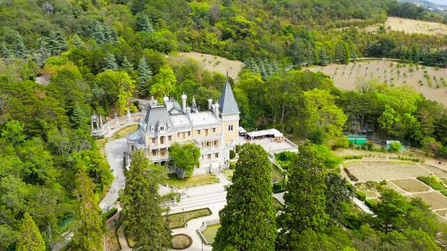 Masandra, Crimea. The Massandra Palace of Emperor Alexander III is located in the Upper Massandra on the southern coast of Crimea. Founding date XIX century. Drone footage, Point of interest